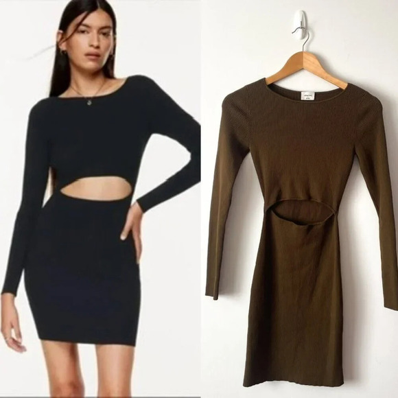 Aritzia Wilfred Free Cut-Out Ribbed Knit Longsleeve Mini Dress Brown Size Small - Picture 1 of 6
